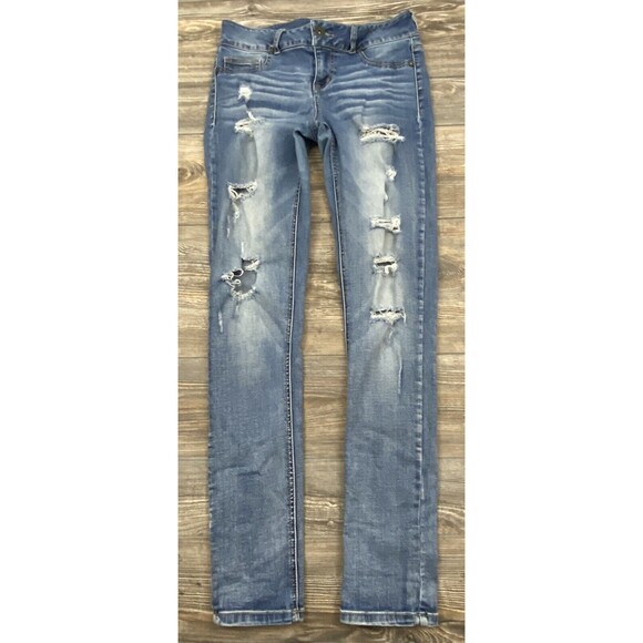 Maurices Jeans Skinny Leg Destroyed Ripped Stretchy Blue Denim Medium 29/30.5 - Picture 1 of 9
